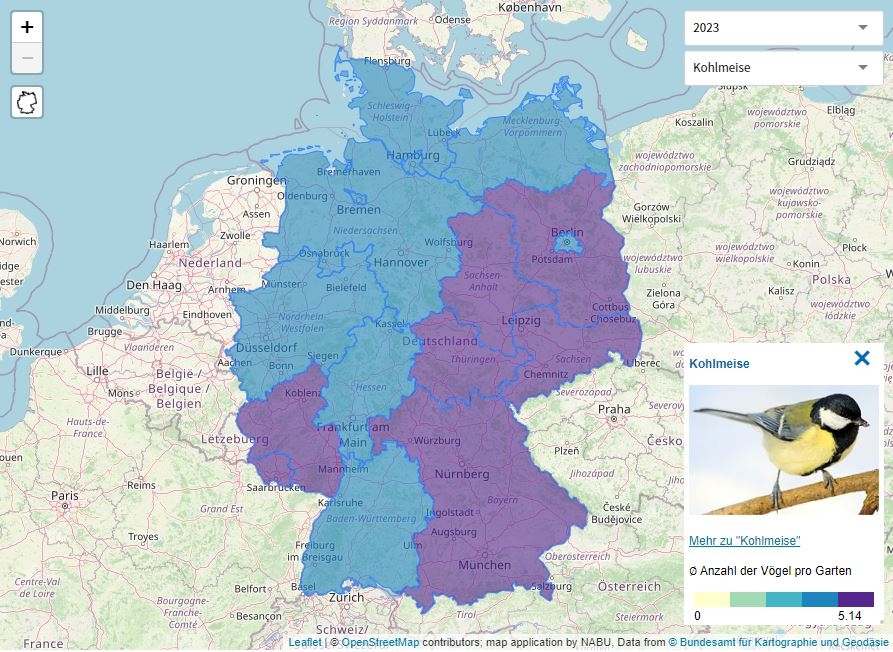 Interaktive Karte mit den Ergebnissen der Vogelzählung 2023 beim NABU